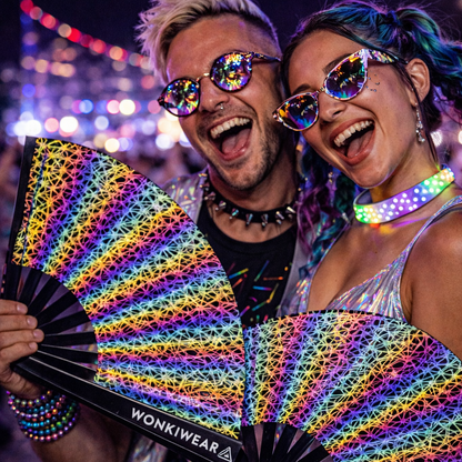 XL flash reflective entrapment rave fan glowing in a crowded festival environment
