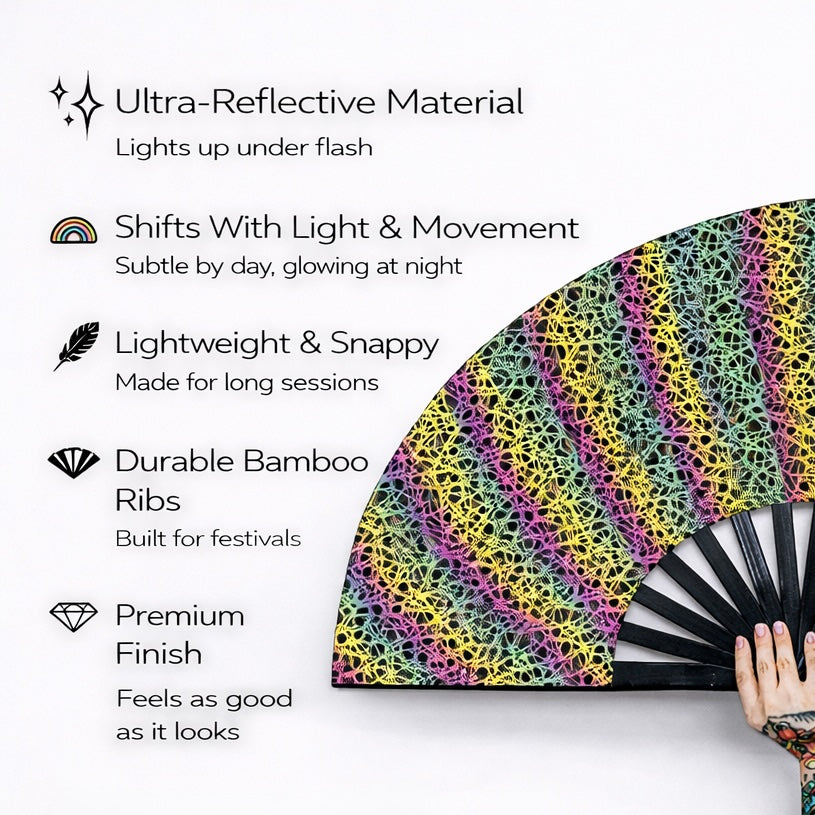 Features graphic for XL flash reflective entrapment rave fan with lightweight design and bamboo ribs