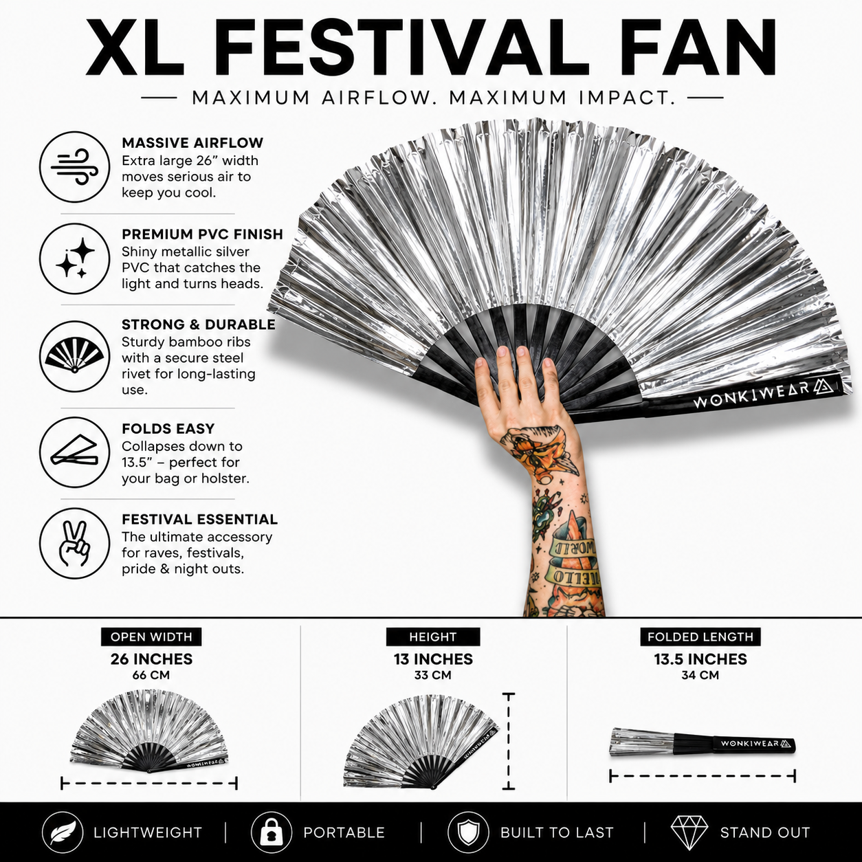 Benefits infographic showing airflow durability and portability of XL silver festival fan