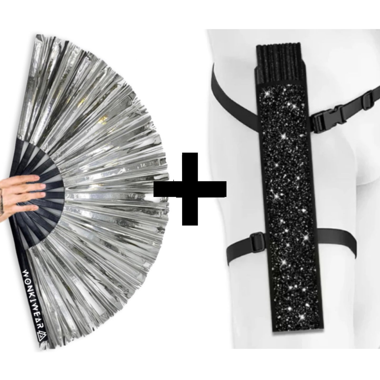 WonkiWear XL metallic silver festival fan bundled with matching black fan holster