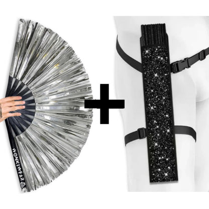 WonkiWear XL metallic silver festival fan bundled with matching black fan holster