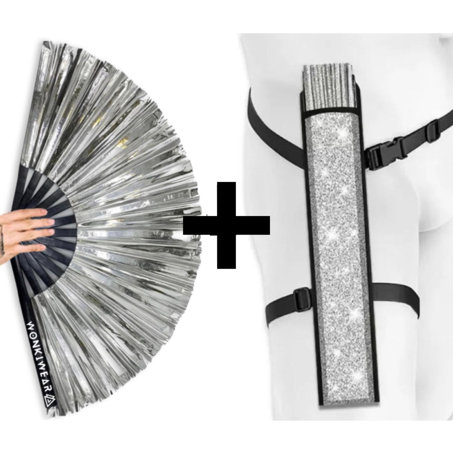 WonkiWear XL metallic silver festival fan bundled with matching fan holster