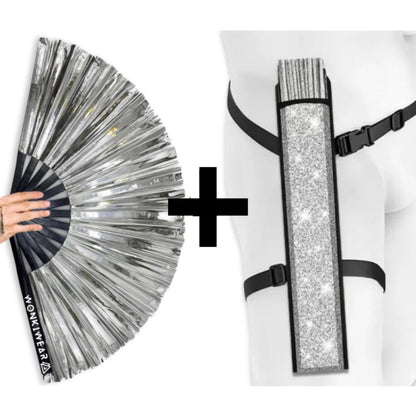WonkiWear XL metallic silver festival fan bundled with matching fan holster
