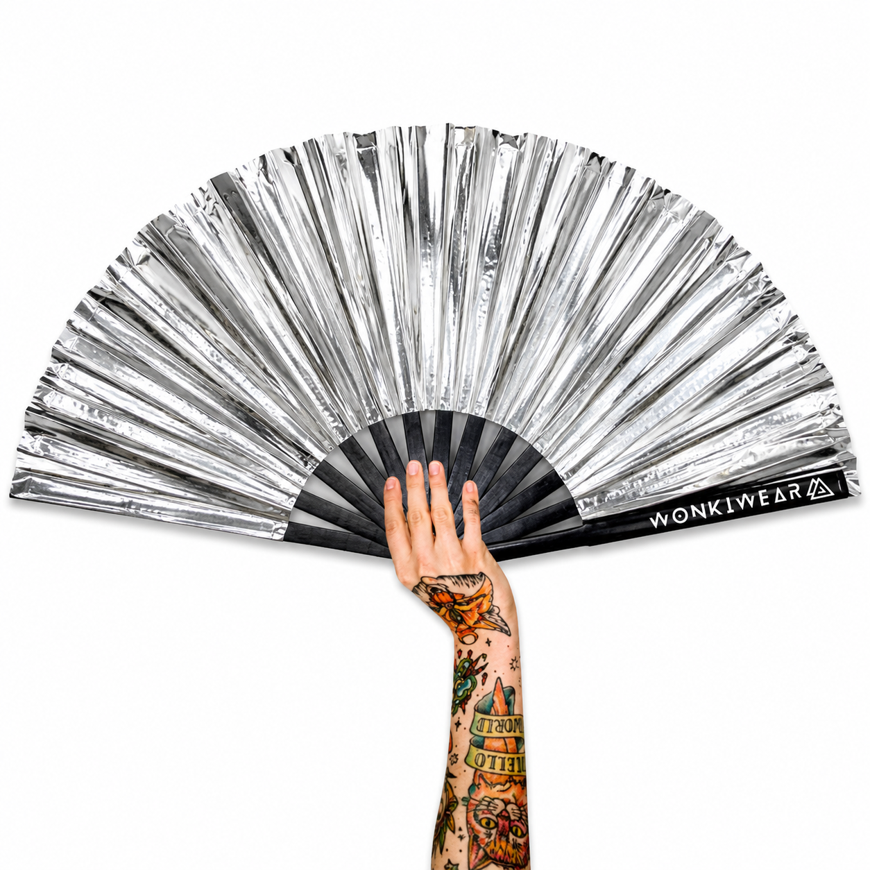 XL metallic silver festival hand fan with black bamboo ribs by WonkiWear
