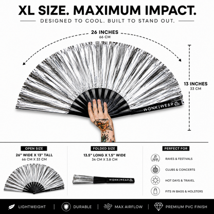 Size guide for WonkiWear XL metallic silver festival hand fan