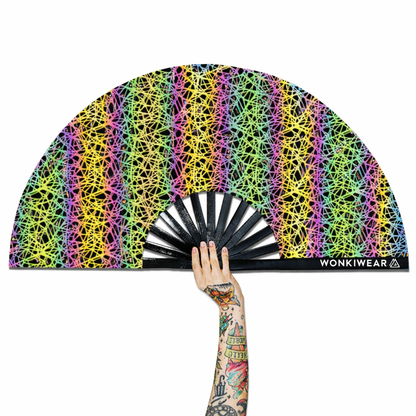 XL flash reflective entrapment festival fan with rainbow geometric line pattern and black bamboo ribs
