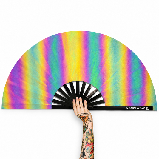     XL flash reflective oil slick festival fan with rainbow iridescent holographic pattern and black bamboo ribs on white background