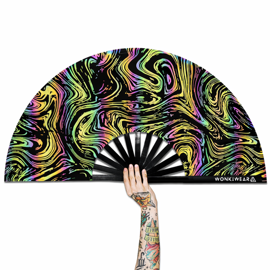 XL flash reflective swirl festival fan with rainbow iridescent spiral design and black bamboo ribs