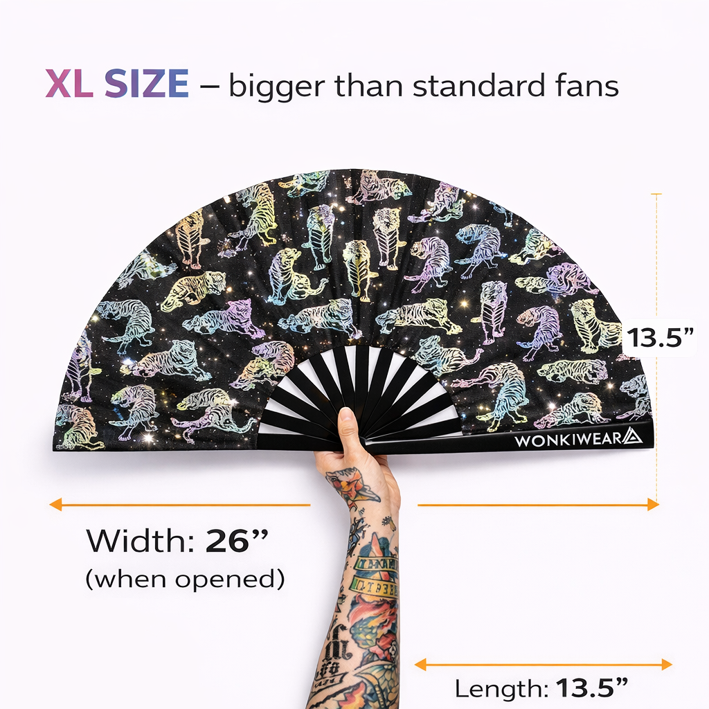 XL reflective tiger rave fan size guide showing 26 inch width and 13.5 inch height dimensions