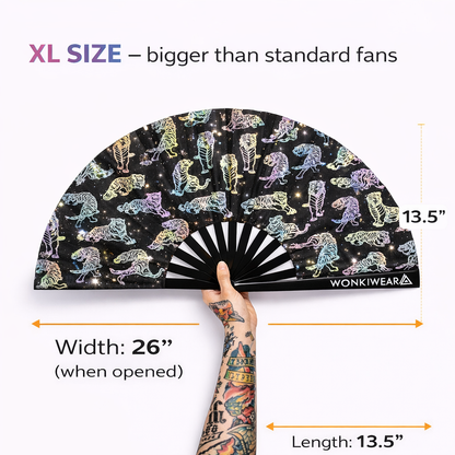 XL reflective tiger rave fan size guide showing 26 inch width and 13.5 inch height dimensions