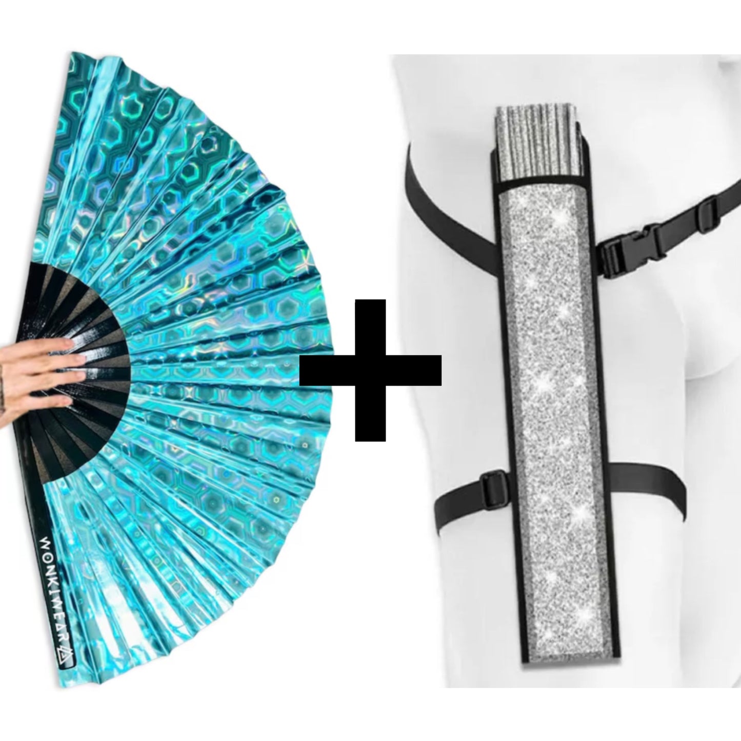Blue holographic XL festival fan with silver carrying holster bundle