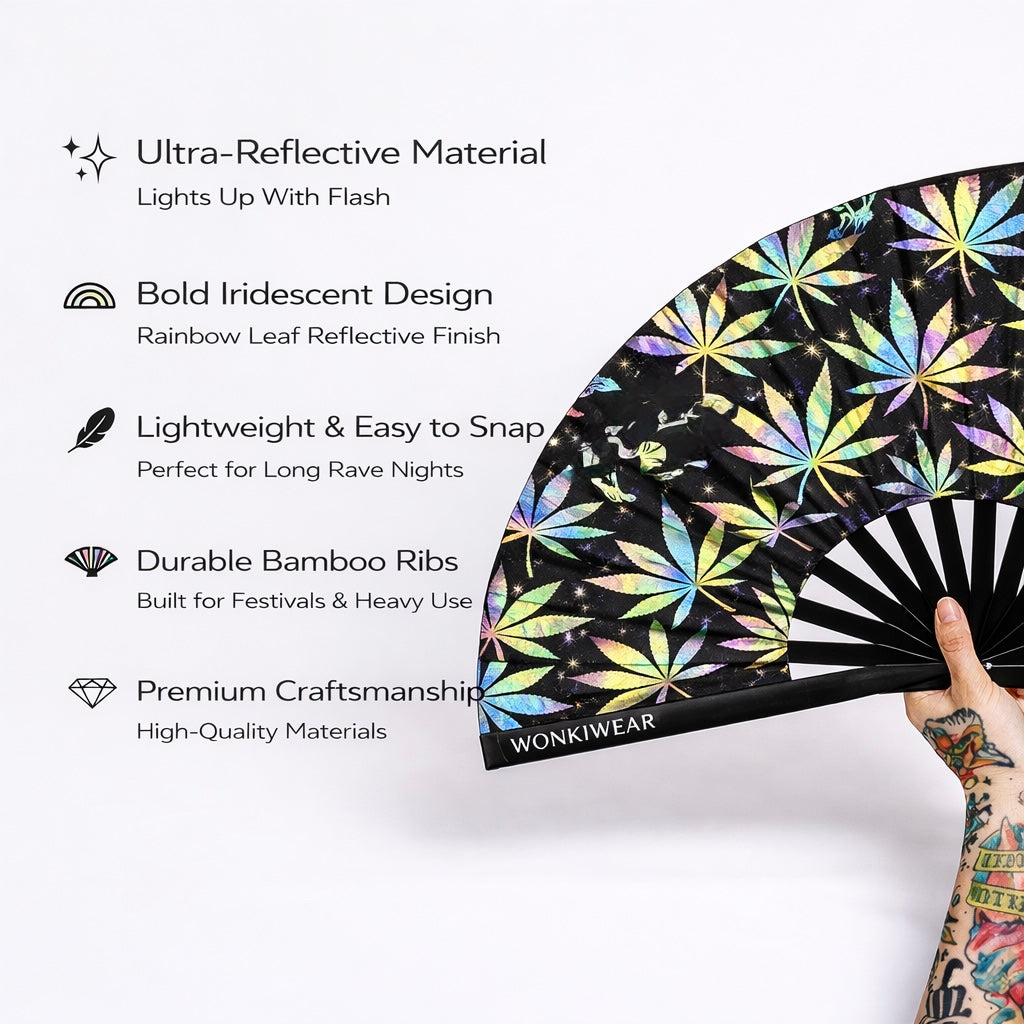 Features of Wonkiwear XL reflective iridescent leaf festival fan including bamboo ribs and lightweight design