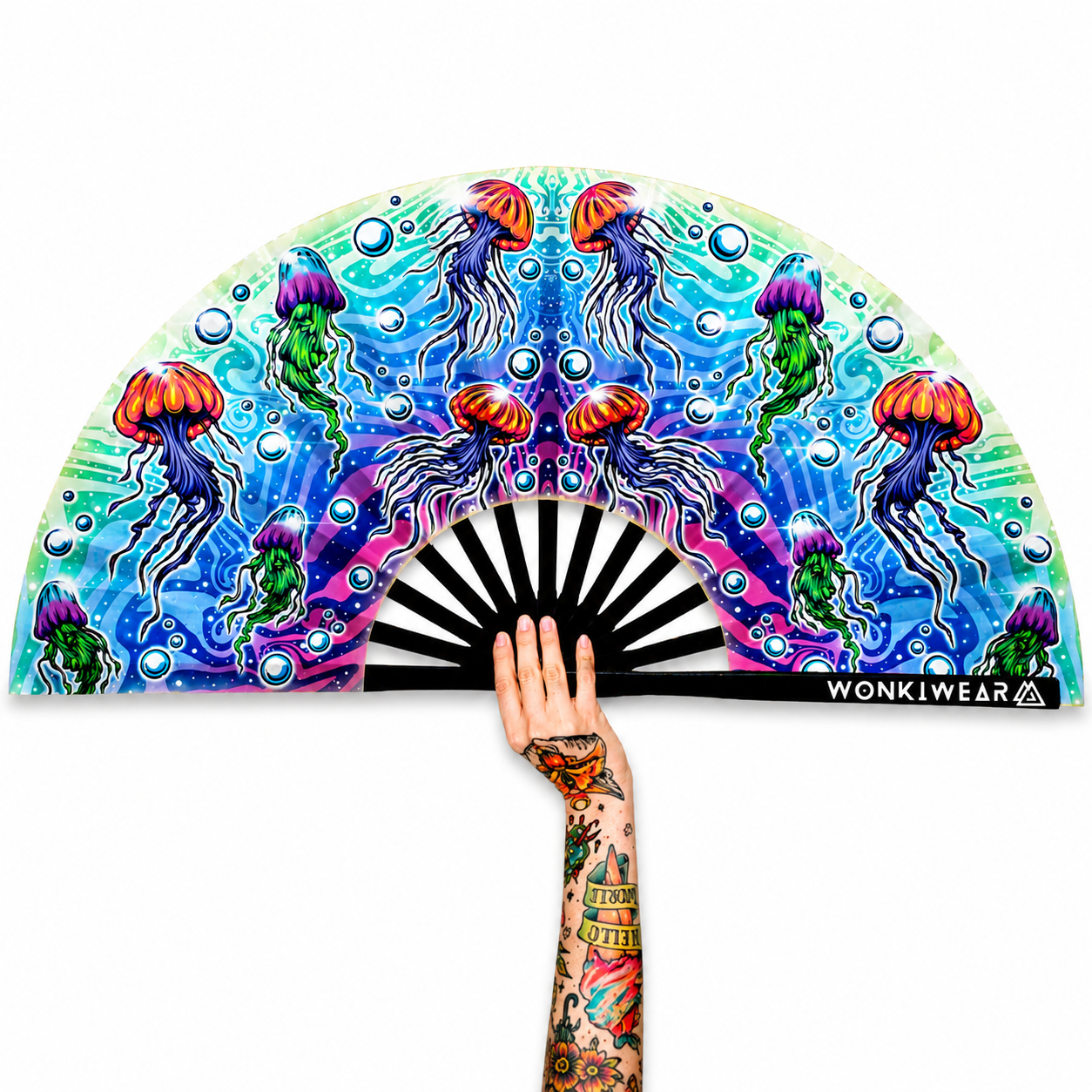 XL Jellyfish festival fan with colourful underwater artwork and black bamboo ribs