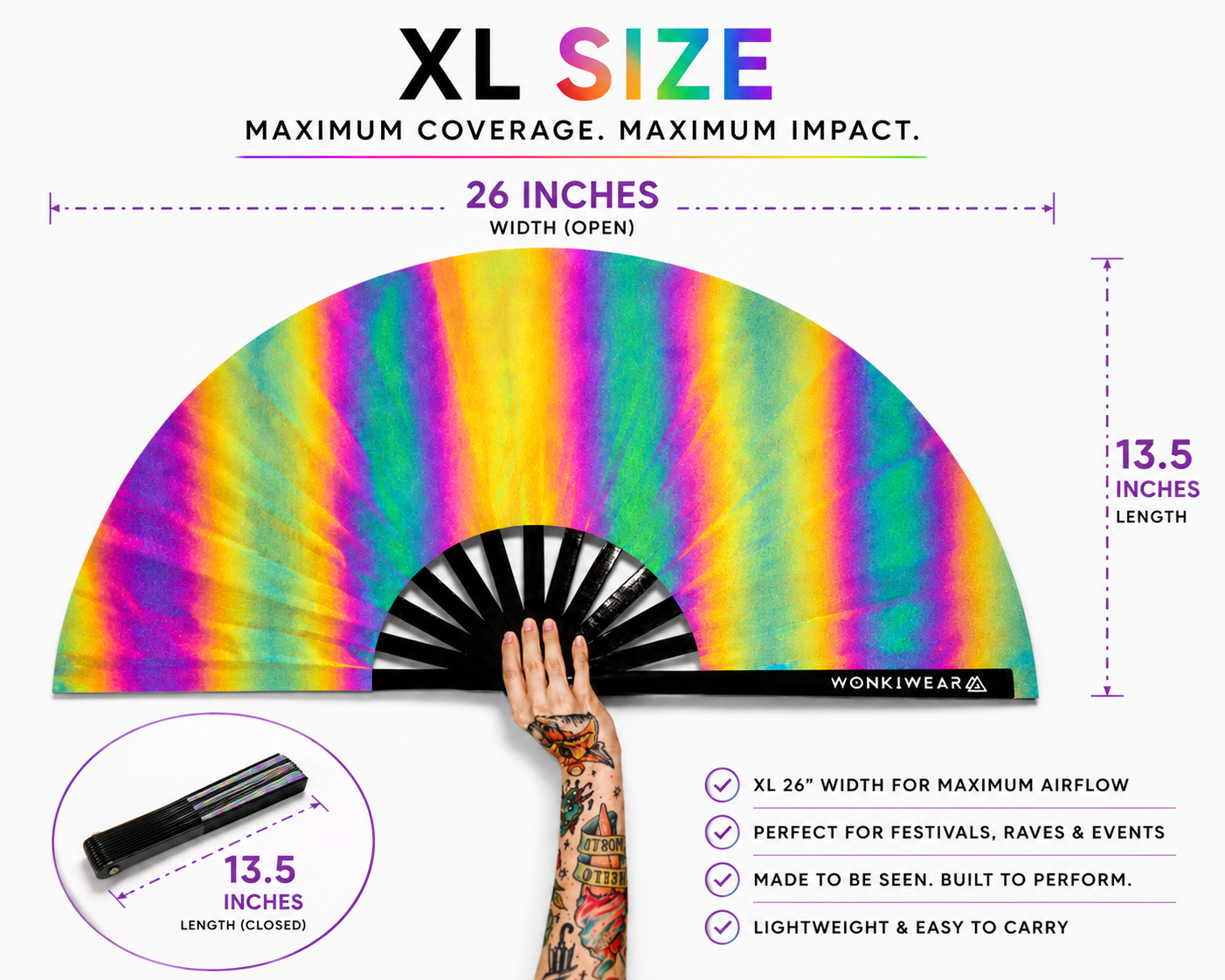     Size guide for XL oil slick reflective festival fan showing 26 inch width and 13.5 inch height dimensions