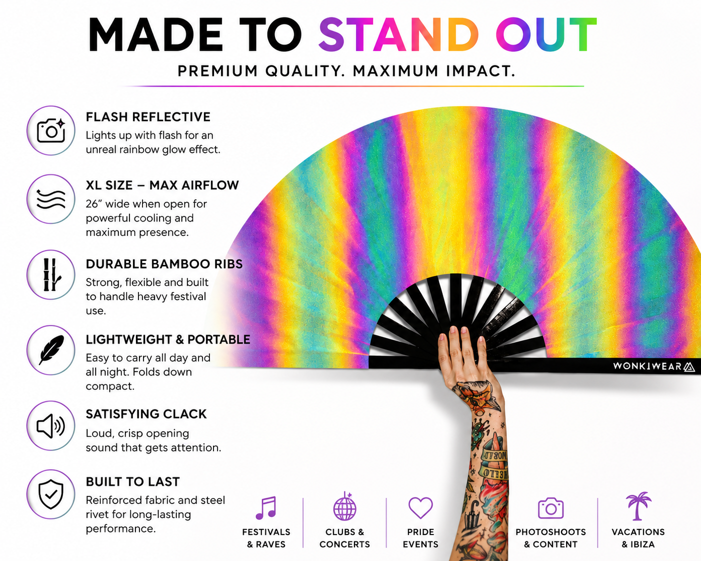     Benefits infographic for XL oil slick reflective festival fan featuring ultra reflective material and durable bamboo ribs
