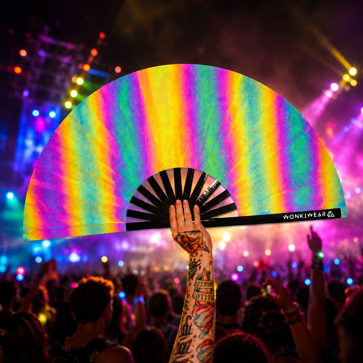     XL oil slick reflective rave fan glowing under festival crowd and lights with holographic rainbow reflective finish