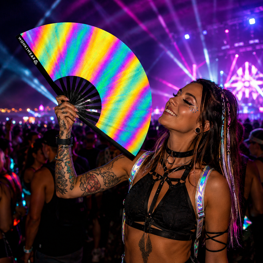 XL oil slick reflective rave fan glowing under festival lights with holographic rainbow reflective finish
