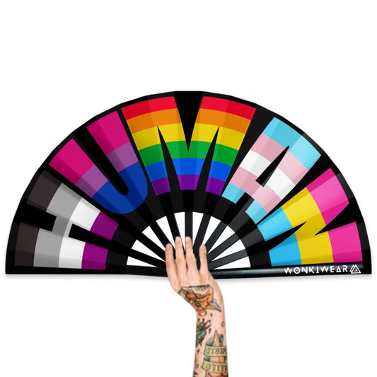 XL Rainbow Human LGBTQ Festival Fan held by a tattooed woman at a colourful underground rave
