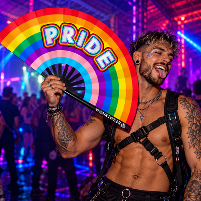 XL Rainbow Pride Festival Fan held by a male festival-goer at a colourful underground rave