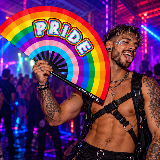 XL Rainbow Pride Festival Fan held by a male festival-goer at a colourful underground rave