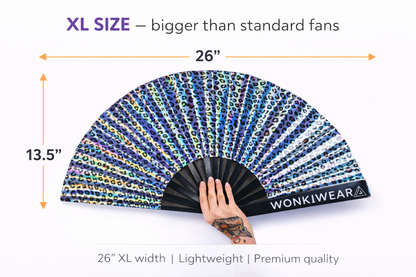 XL rave fan 26 inch width iridescent leopard print large festival fan WonkiWear