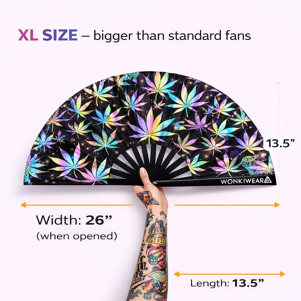 Size guide for Wonkiwear XL iridescent reflective leaf rave fan showing 26 inch width