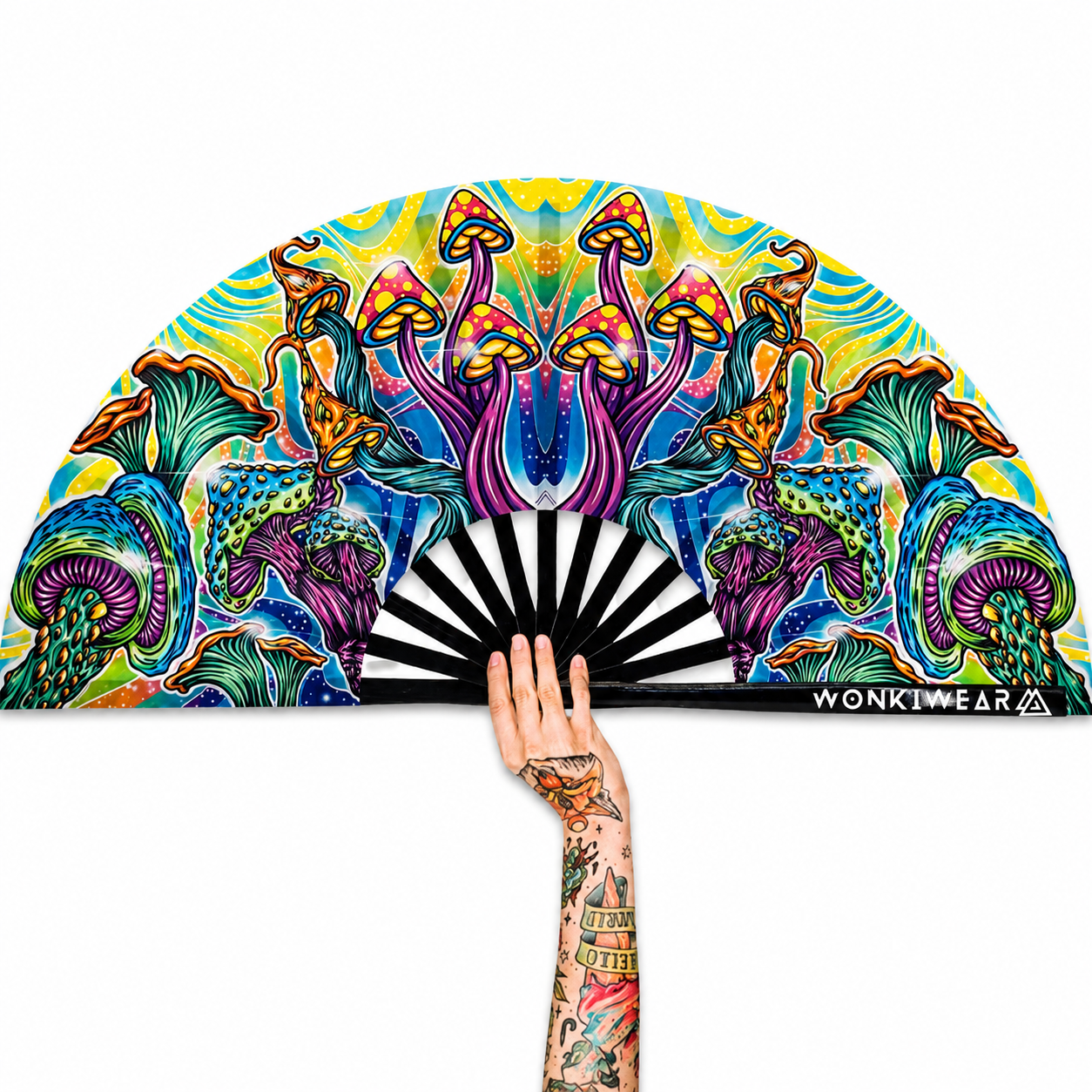 XL Shroomland psychedelic mushroom festival fan with colourful mushroom artwork and black bamboo ribs