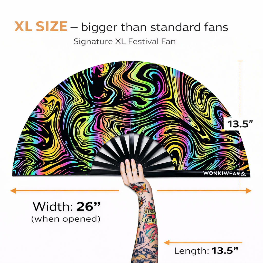 Size guide for XL flash reflective swirl rave fan showing 26 inch width