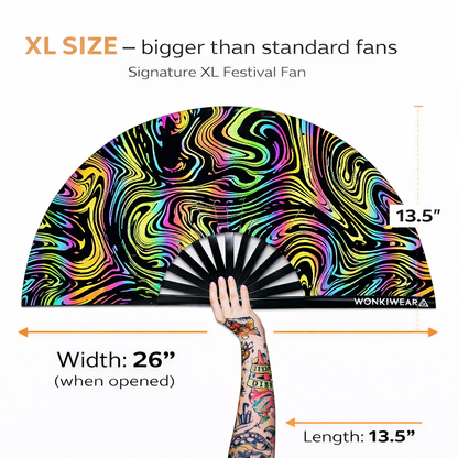 Size guide for XL flash reflective swirl rave fan showing 26 inch width