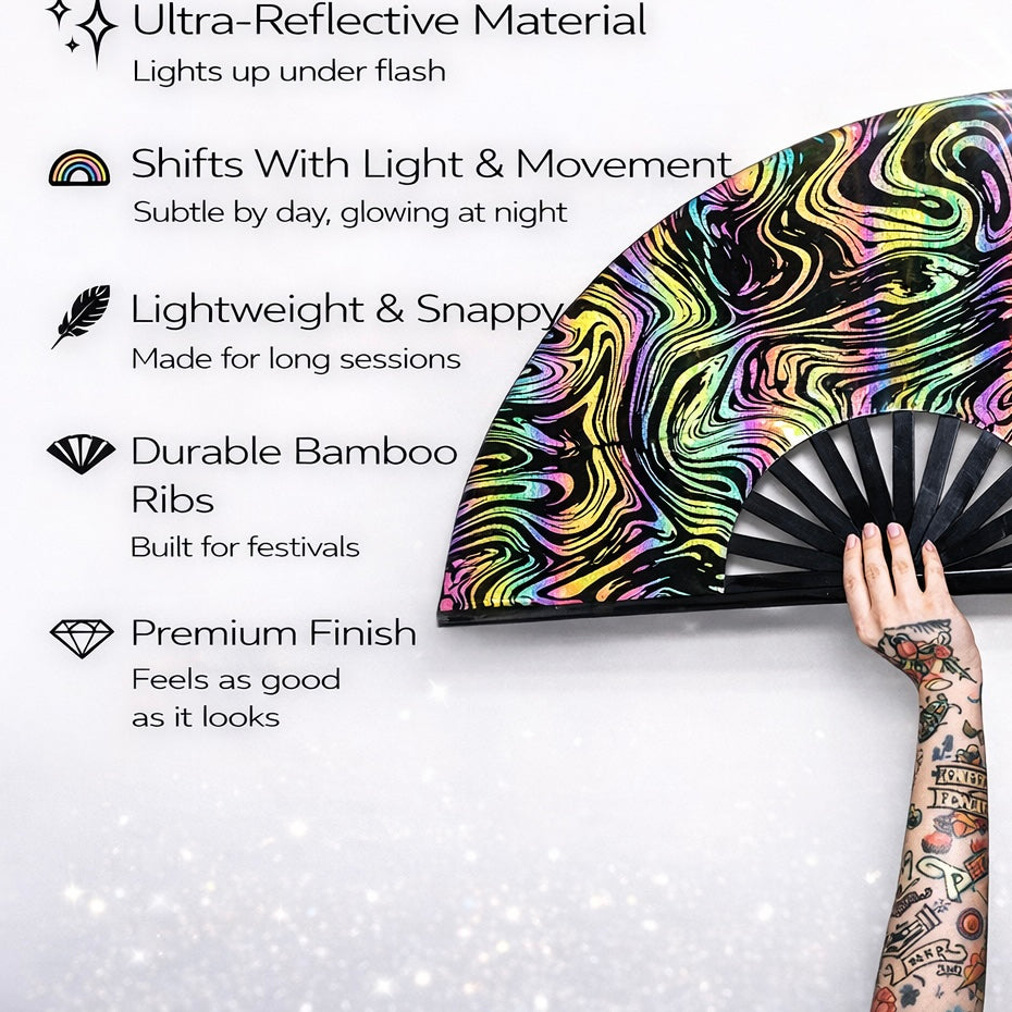 Features graphic for WonkiWear XL reflective swirl rave fan with bamboo ribs and lightweight design