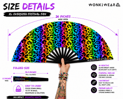 Size dimensions of XL UV reactive rainbow leopard print folding rave fan