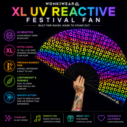 Benefits infographic showing XL size airflow UV reactive glow and bamboo ribs on XOXO festival fan