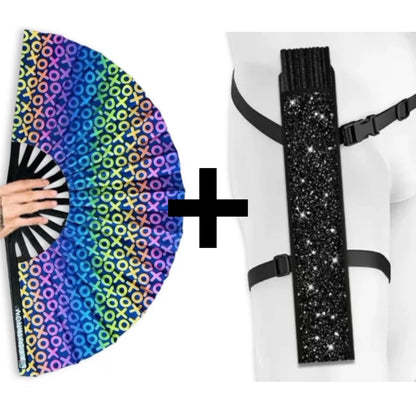 XL UV reactive XOXO rave fan with matching black festival fan holster bundle