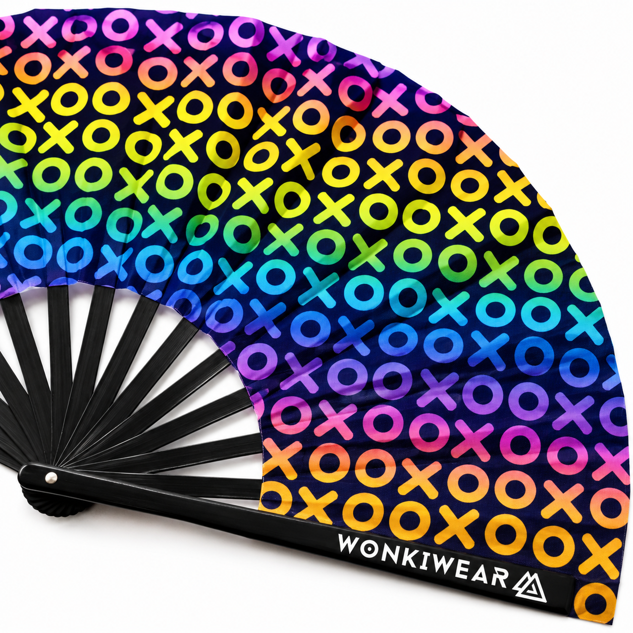 Close up detail of neon multicoloured XOXO hugs and kisses UV reactive rave fan fabric and bamboo ribs