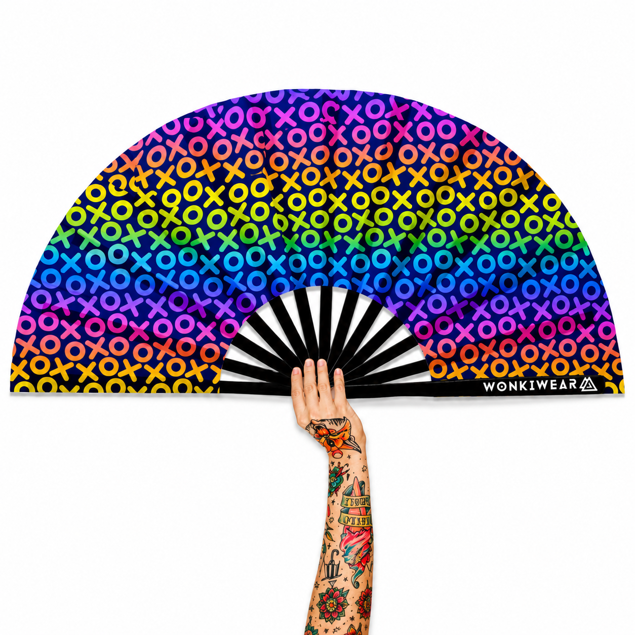 XL UV reactive XOXO festival fan with multicoloured hugs and kisses design and black bamboo ribs on white background