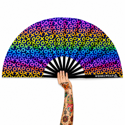 XL UV reactive XOXO festival fan with multicoloured hugs and kisses design and black bamboo ribs on white background