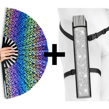 XL UV reactive XOXO rave fan with matching silver festival fan holster bundle