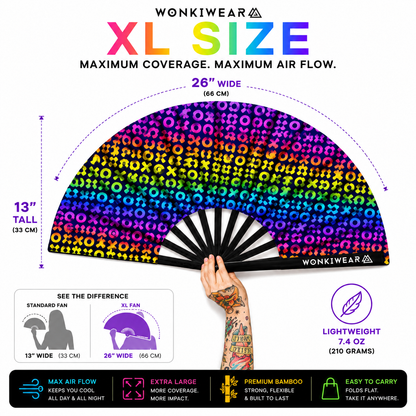 XL UV reactive XOXO festival fan size guide showing extra large dimensions and airflow coverage
