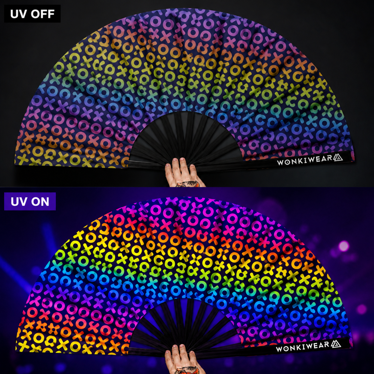 Comparison of XL XOXO rave fan in normal lighting and glowing under UV blacklight