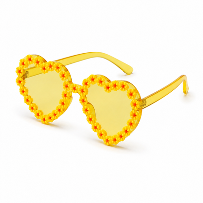 Angled view of yellow heart shaped daisy sunglasses