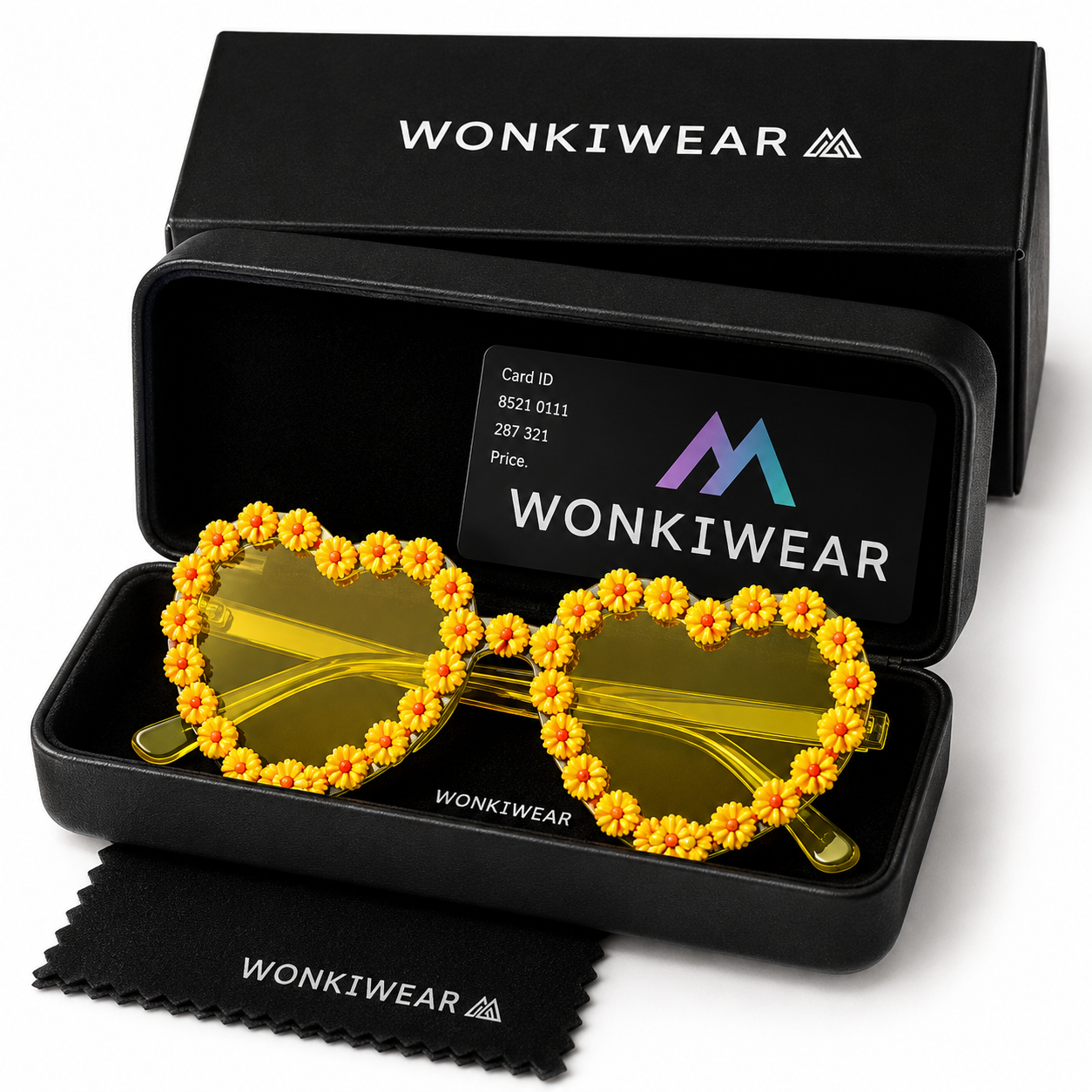 Yellow heart shaped daisy sunglasses displayed in WonkiWear gift box