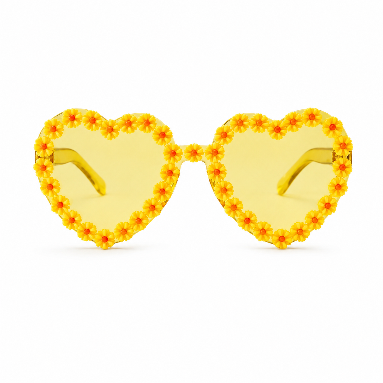 Yellow heart shaped daisy festival glasses on white background