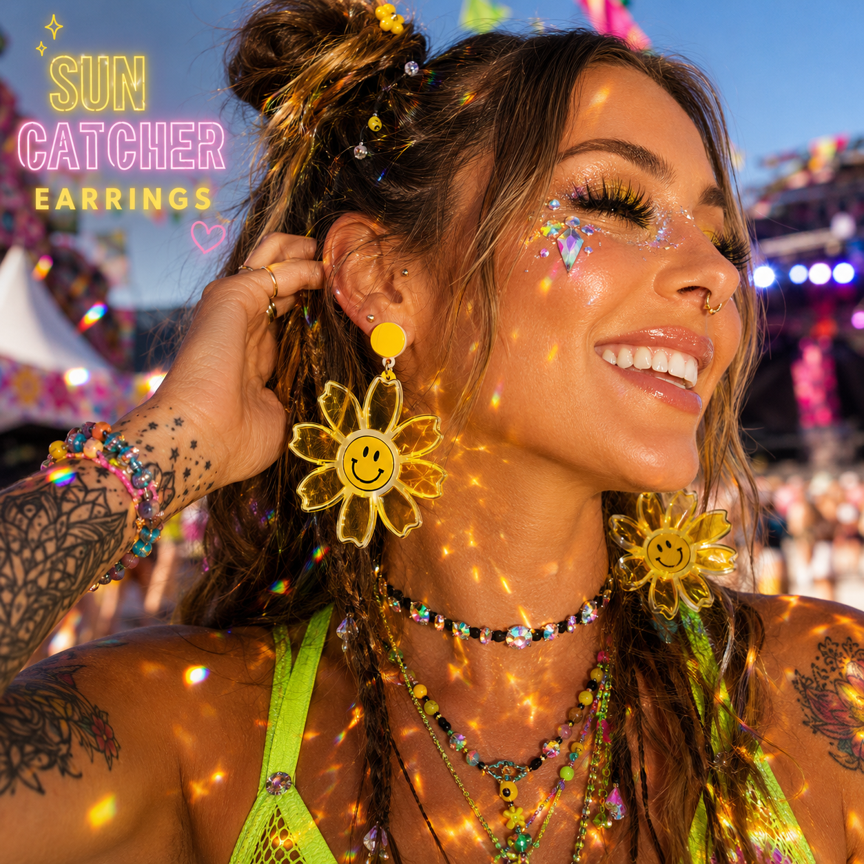Festival model wearing oversized yellow transparent sun catcher daisy earrings