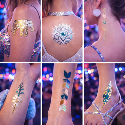 Zazen metallic temporary tattoos applied on skin gold silver teal festival styling