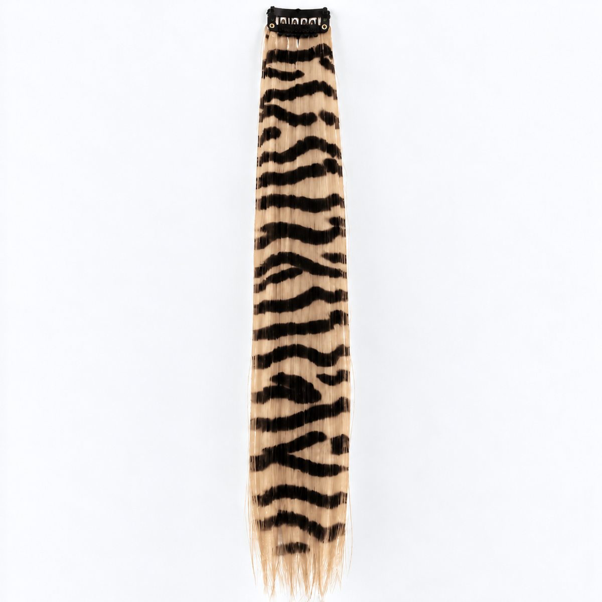 Beige and black zebra-striped clip-in hair extension with long synthetic strands.