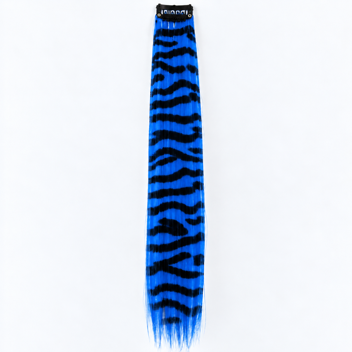Blue and black zebra-striped clip-in hair extension with long synthetic strands.