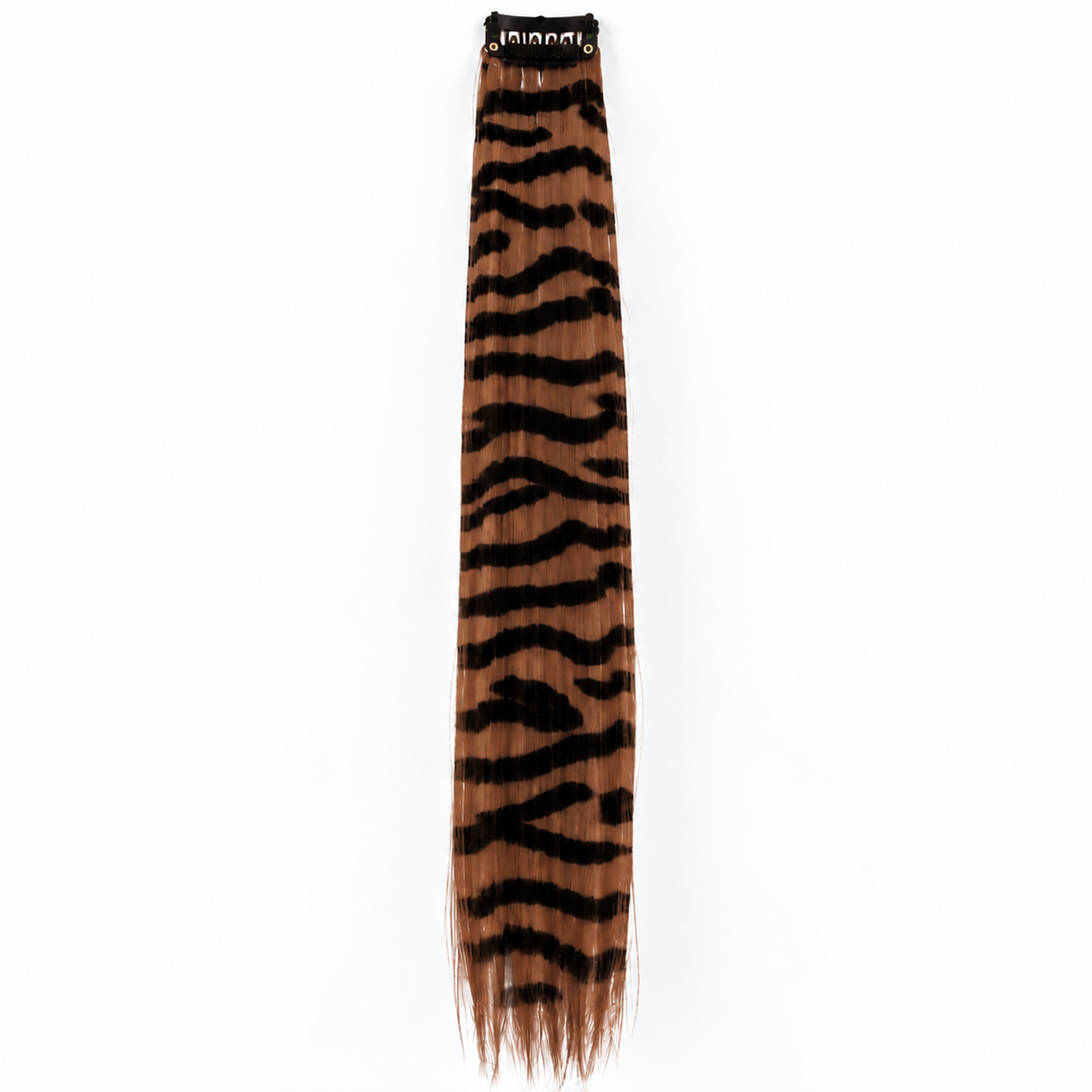 Brown and black zebra-striped clip-in hair extension with long synthetic strands.