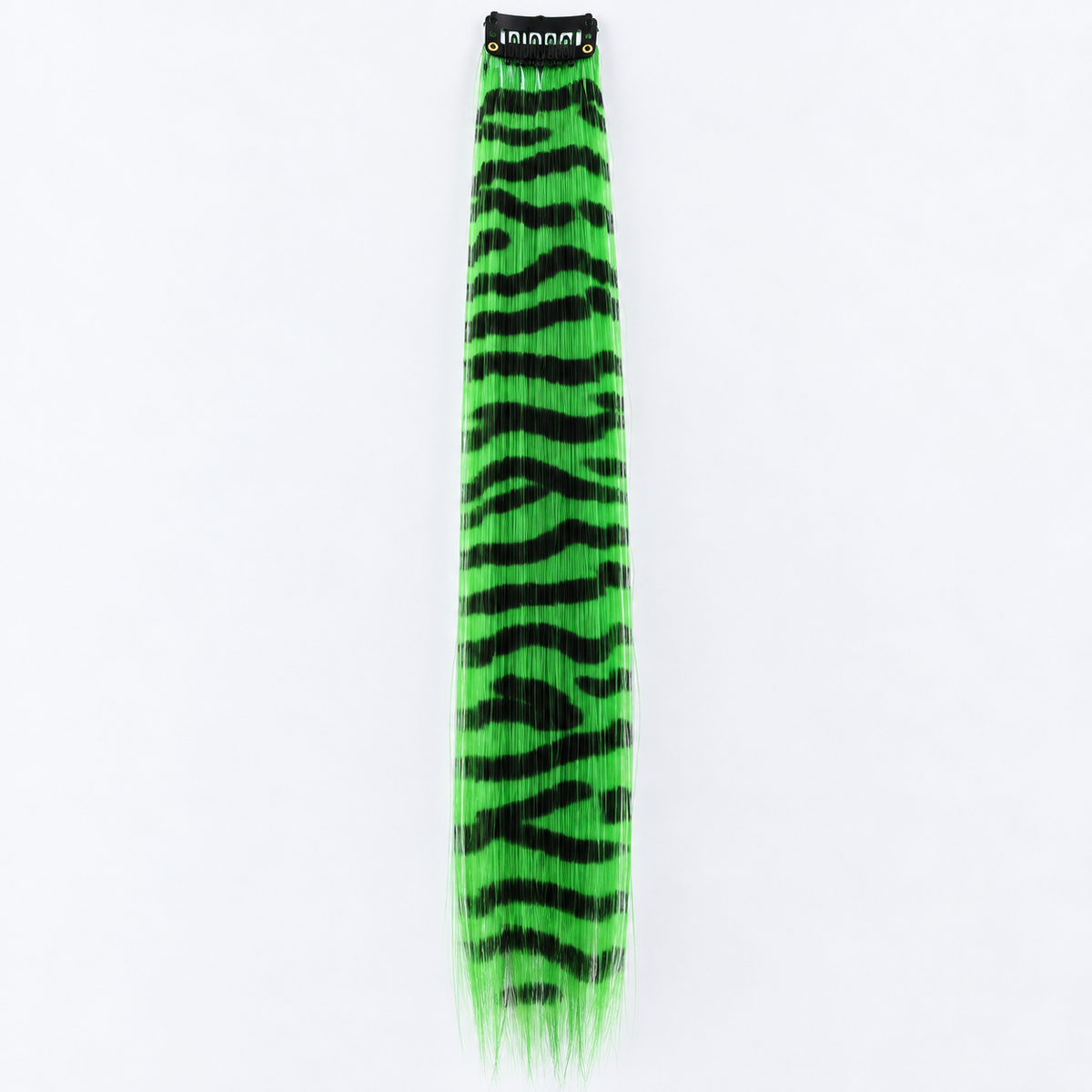 Green and black zebra-striped clip-in hair extension with long synthetic strands.