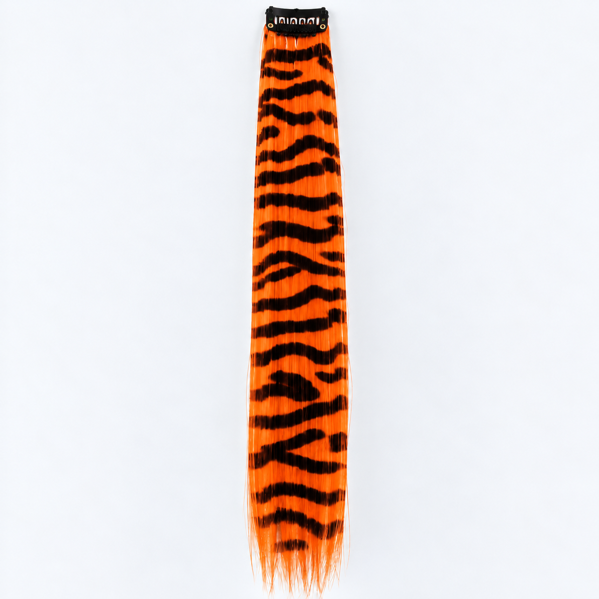 Orange and black zebra-striped clip-in hair extension with long synthetic strands.