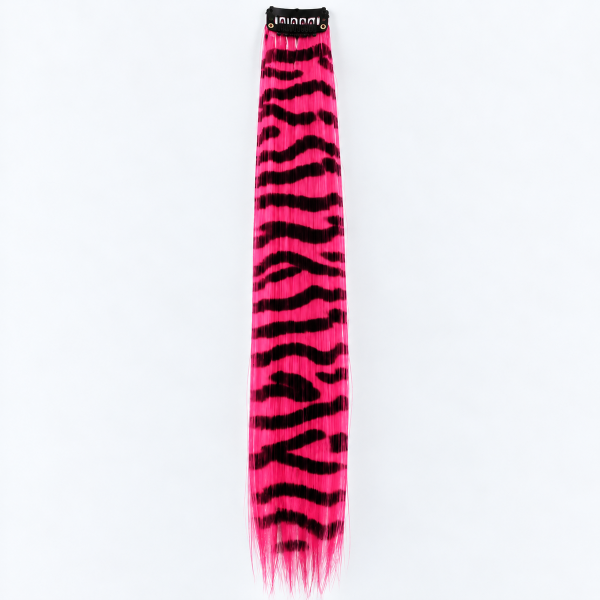 Pink and black zebra-striped clip-in hair extension with long synthetic strands.